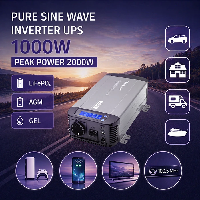 Qoltec Pure Sine Wave | 12V na 230V | 1000/2000W | UPS BYPASS
