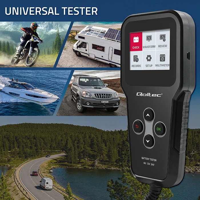 „Qoltec“ skaitmeninis akumuliatorių testeris 3in1 su LCD ekranu | Angliškas meniu | 6V | 12V | 24V | 10Ah–200Ah
