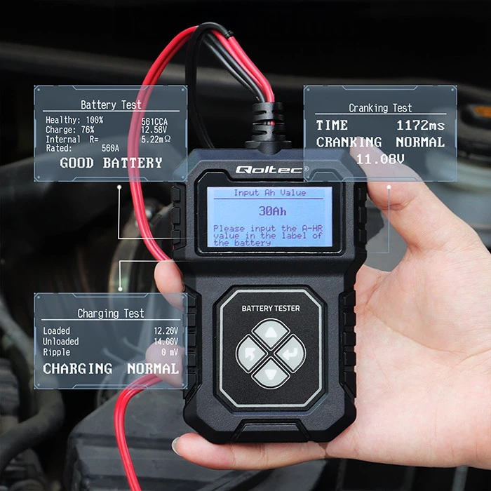 Qoltec Skaitmeninis tester akumulatora su LCD | Polskie Menu | 12V | AGM | GEL | STD | 30-220AH