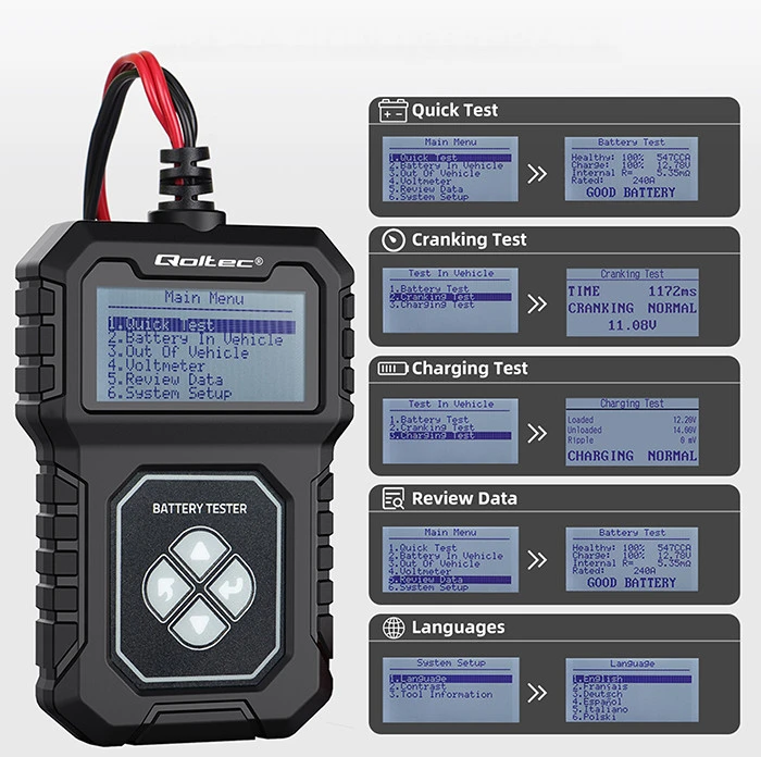 Qoltec Skaitmeninis tester akumulatora su LCD | Polskie Menu | 12V | AGM | GEL | STD | 30-220AH
