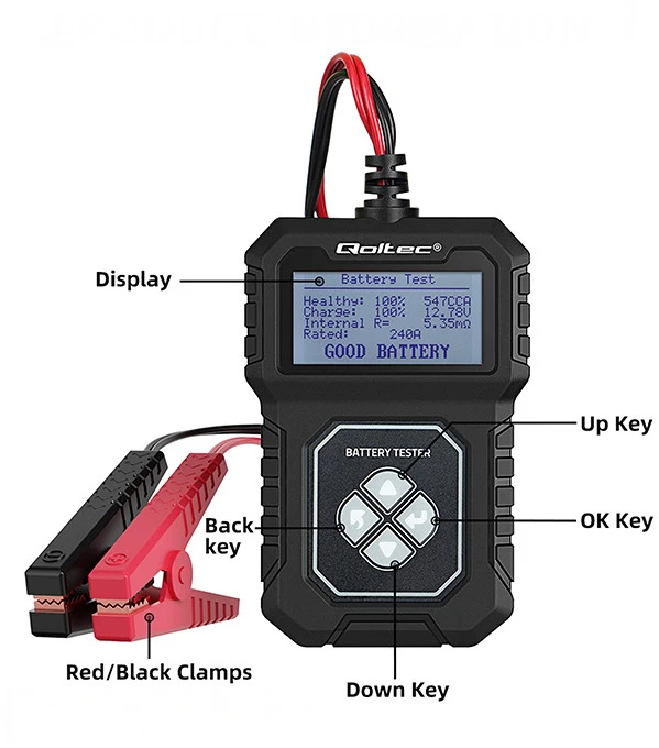 Qoltec Skaitmeninis tester akumulatora su LCD | Polskie Menu | 12V | AGM | GEL | STD | 30-220AH
