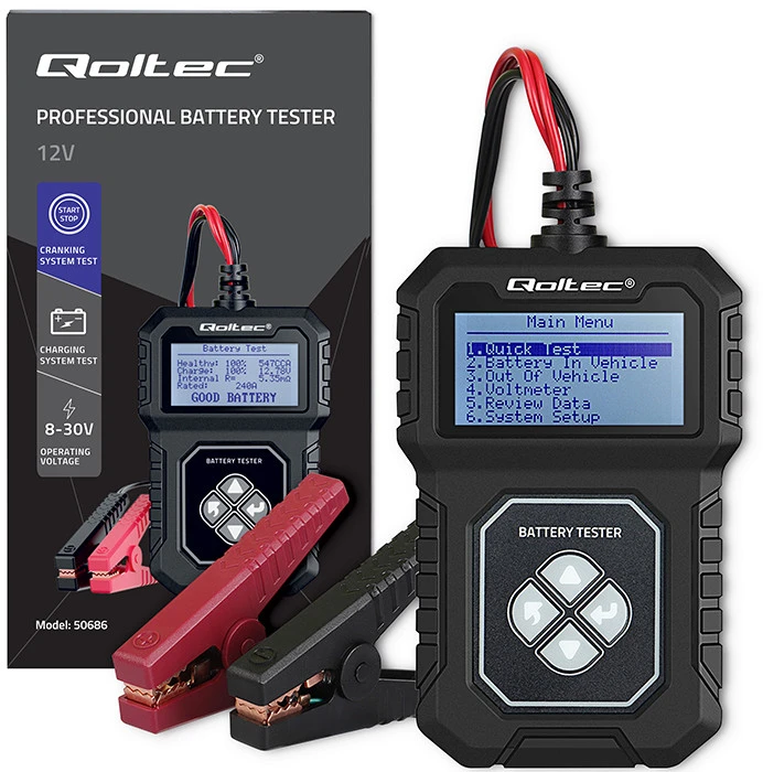 Qoltec Skaitmeninis tester akumulatora su LCD | Polskie Menu | 12V | AGM | GEL | STD | 30-220AH
