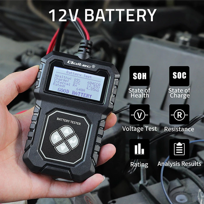 Qoltec Skaitmeninis tester akumulatora su LCD | Polskie Menu | 12V | AGM | GEL | STD | 30-220AH