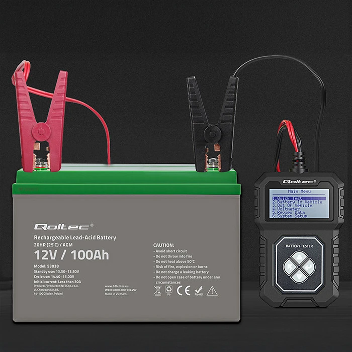 Qoltec Skaitmeninis tester akumulatora su LCD | Polskie Menu | 12V | AGM | GEL | STD | 30-220AH