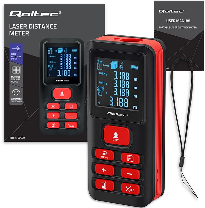 „Qoltec Precision“ skaitmeninis lazerinis atstumo matuoklis su elektroniniu nivelyru | su LCD ekranu | 120 m