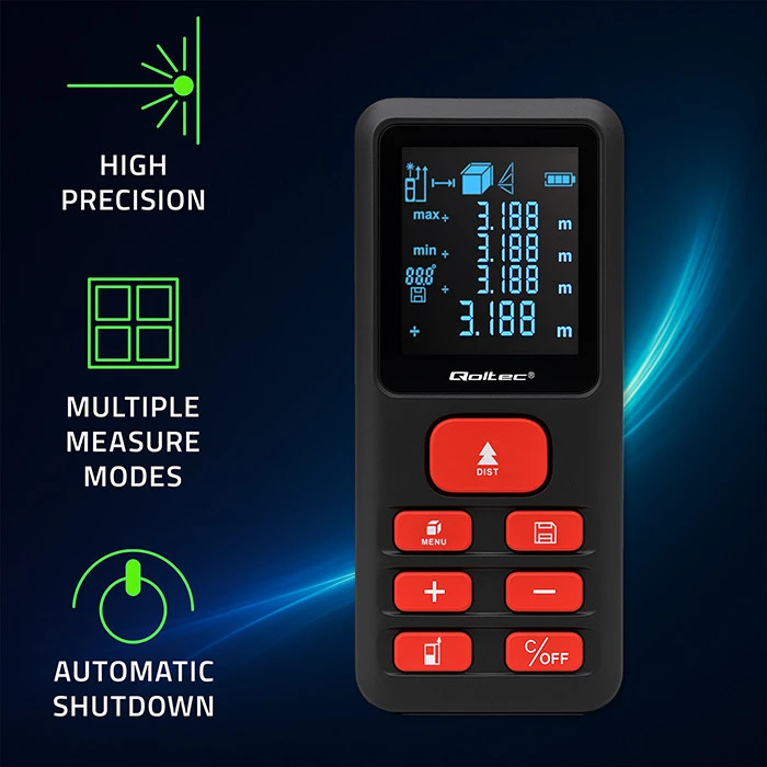 „Qoltec Precision“ skaitmeninis lazerinis atstumo matuoklis su elektroniniu nivelyru | su LCD ekranu | 120 m