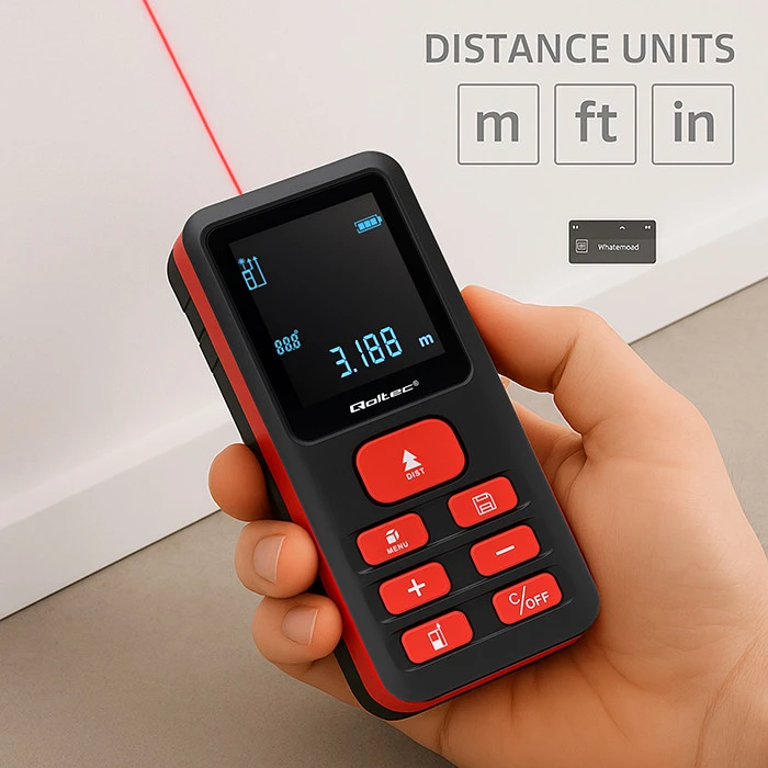 „Qoltec Precision“ skaitmeninis lazerinis atstumo matuoklis su elektroniniu nivelyru | su LCD ekranu | 120 m