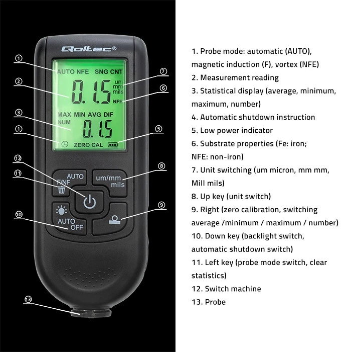 QOLTEC 50630 Dangos storio matuoklis su LCD / 0 / 2000um