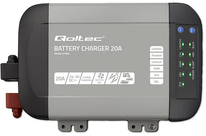 Qoltec Intelligent kroviklis Monolith LiFePO4 AGM GEL SLA akumuliatoriams | 20A | 24V