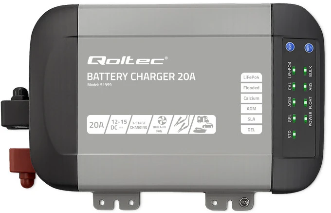 QOLTEC 51959 Smart Monolith įkroviklis LiFePO4 AGM GEL SLA akumuliatoriams / 20A / 12V