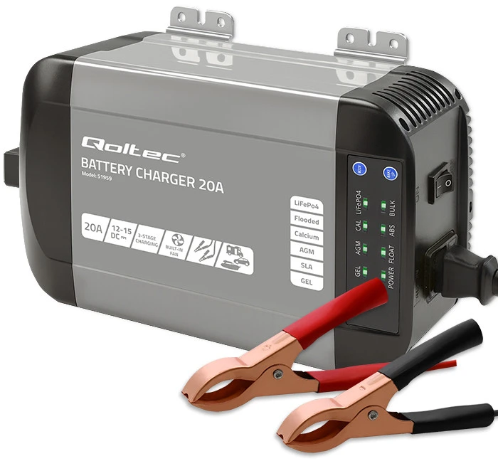 QOLTEC 51959 Smart Monolith įkroviklis LiFePO4 AGM GEL SLA akumuliatoriams / 20A / 12V