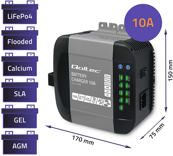 QOLTEC 51958 Smart Monolith įkroviklis LiFePO4 AGM GEL SLA akumuliatoriams / 10A / 12V