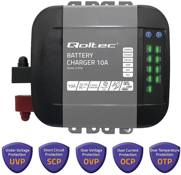 QOLTEC 51958 Smart Monolith įkroviklis LiFePO4 AGM GEL SLA akumuliatoriams / 10A / 12V