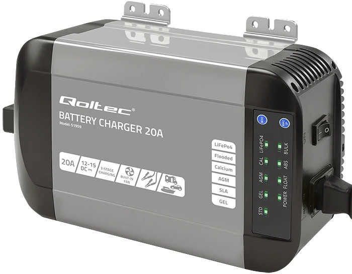 QOLTEC 51959 Smart Monolith įkroviklis LiFePO4 AGM GEL SLA akumuliatoriams / 20A / 12V