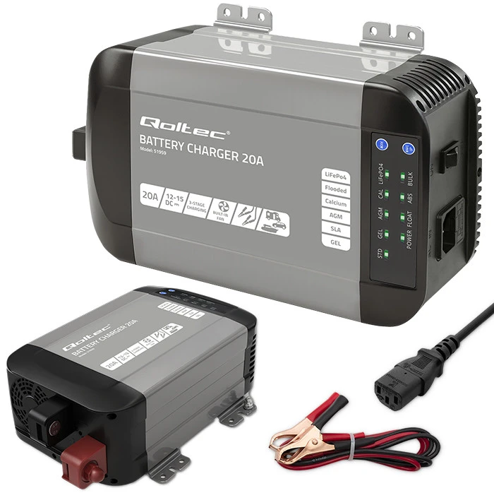 QOLTEC 51959 Smart Monolith įkroviklis LiFePO4 AGM GEL SLA akumuliatoriams / 20A / 12V