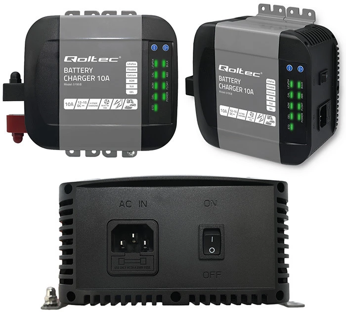QOLTEC 51958 Smart Monolith įkroviklis LiFePO4 AGM GEL SLA akumuliatoriams / 10A / 12V