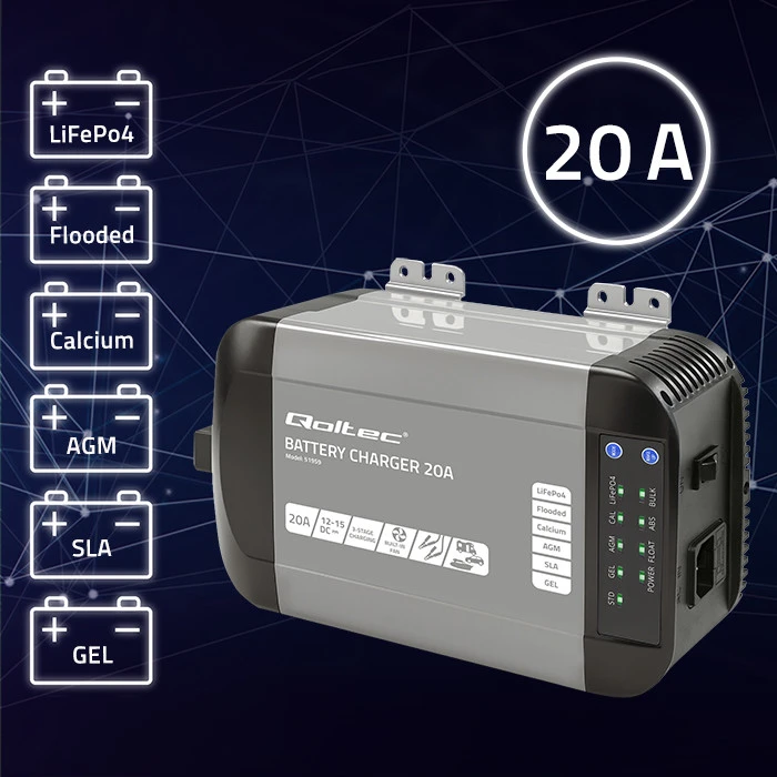 QOLTEC 51959 Smart Monolith įkroviklis LiFePO4 AGM GEL SLA akumuliatoriams / 20A / 12V