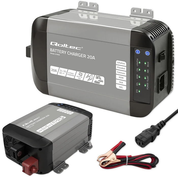 Qoltec Intelligent kroviklis Monolith LiFePO4 AGM GEL SLA akumuliatoriams | 20A | 24V