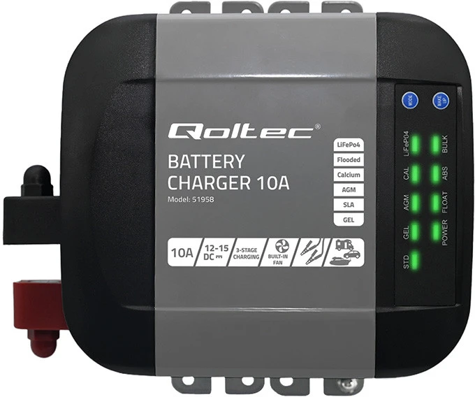 QOLTEC 51958 Smart Monolith įkroviklis LiFePO4 AGM GEL SLA akumuliatoriams / 10A / 12V