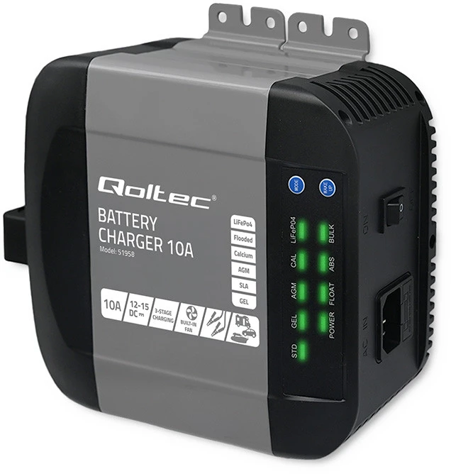 QOLTEC 51958 Smart Monolith įkroviklis LiFePO4 AGM GEL SLA akumuliatoriams / 10A / 12V