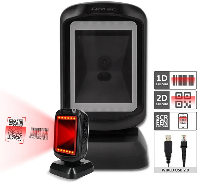 Qoltec 50864 stalinis QR ir brūkšninių kodų skaitytuvas | USB