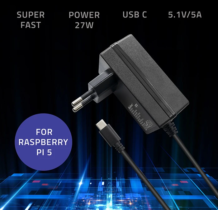 Qoltec Įkroviklis Super FAST PD do Raspberry PI 5 | USB-C | 27W | 5.1V | 5A | Juoda