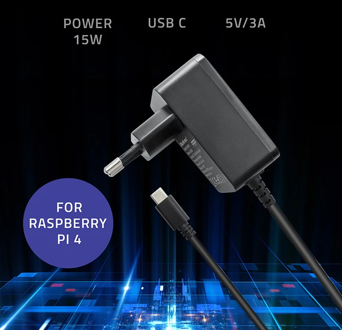 Qoltec Super FAST PD įkroviklis Raspberry PI 4 USB-C 15W 5V 3A juodas