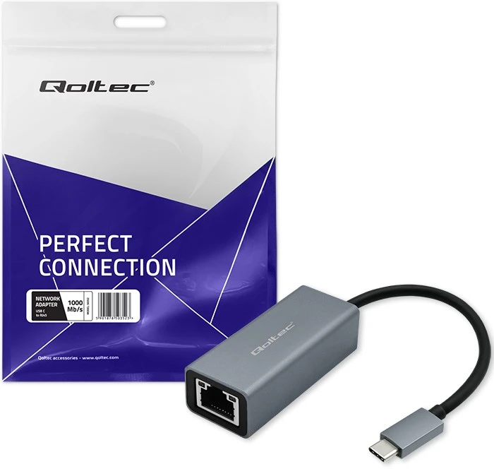 Qoltec USB-C į RJ45 eterneto adapteris | 1000 Mbps | aliuminio korpusas