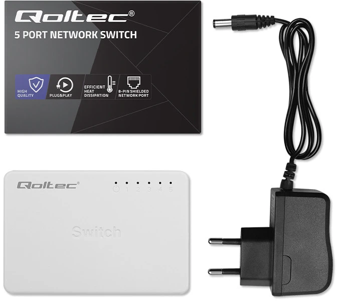 Šakotuvas Qoltec 52247 Tinklo jungiklis 5 x RJ45 prievadas | 1000Mbps | LAN