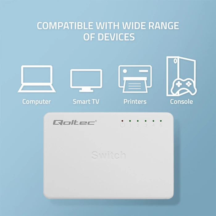 Šakotuvas Qoltec 52247 Tinklo jungiklis 5 x RJ45 prievadas | 1000Mbps | LAN
