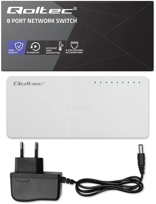 Šakotuvas Qoltec 52246 Tinklo jungiklis 8 x RJ45 prievadas | 100Mbps | LAN