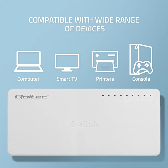 Šakotuvas Qoltec 52246 Tinklo jungiklis 8 x RJ45 prievadas | 100Mbps | LAN