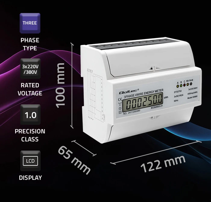 „Qoltec“ 3 fazių dvikryptis elektroninis skaitiklis | Energijos skaitiklis, montuojamas ant DIN bėgelio | 400 V | 100 A | LCD | 4P