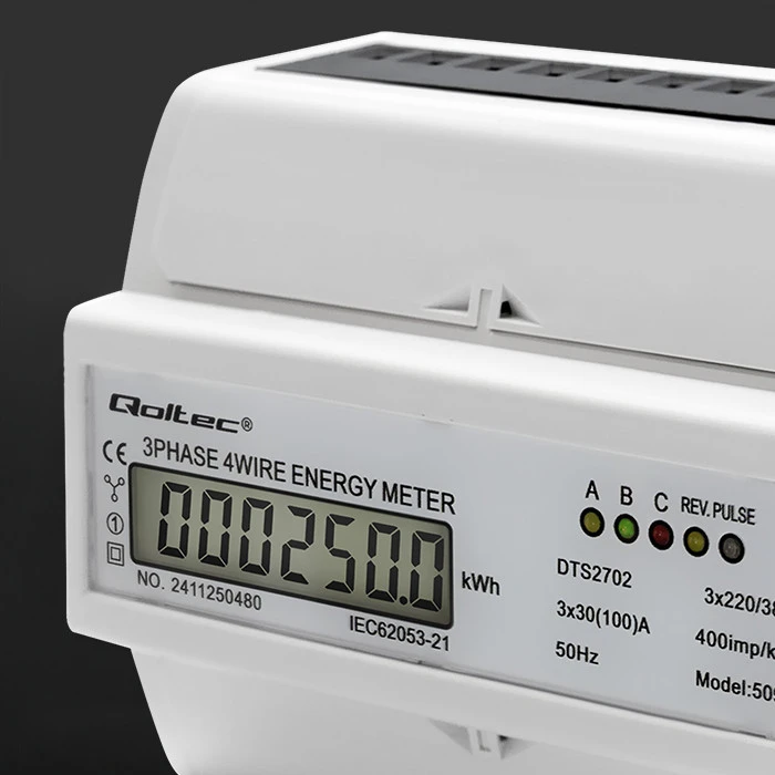 „Qoltec“ 3 fazių dvikryptis elektroninis skaitiklis | Energijos skaitiklis, montuojamas ant DIN bėgelio | 400 V | 100 A | LCD | 4P