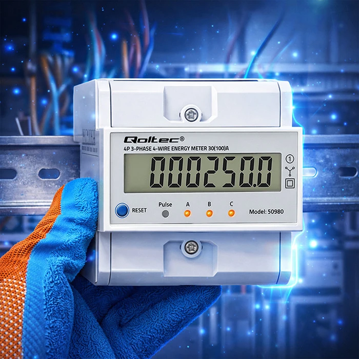 „Qoltec 50980“ trifazis elektroninis skaitiklis su atstatymu | Energijos suvartojimo skaitiklis ant DIN bėgelio | 400 V | 100 A | LCD | LED | 4P