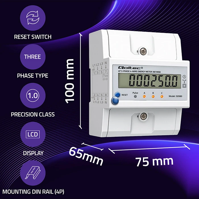 „Qoltec 50980“ trifazis elektroninis skaitiklis su atstatymu | Energijos suvartojimo skaitiklis ant DIN bėgelio | 400 V | 100 A | LCD | LED | 4P