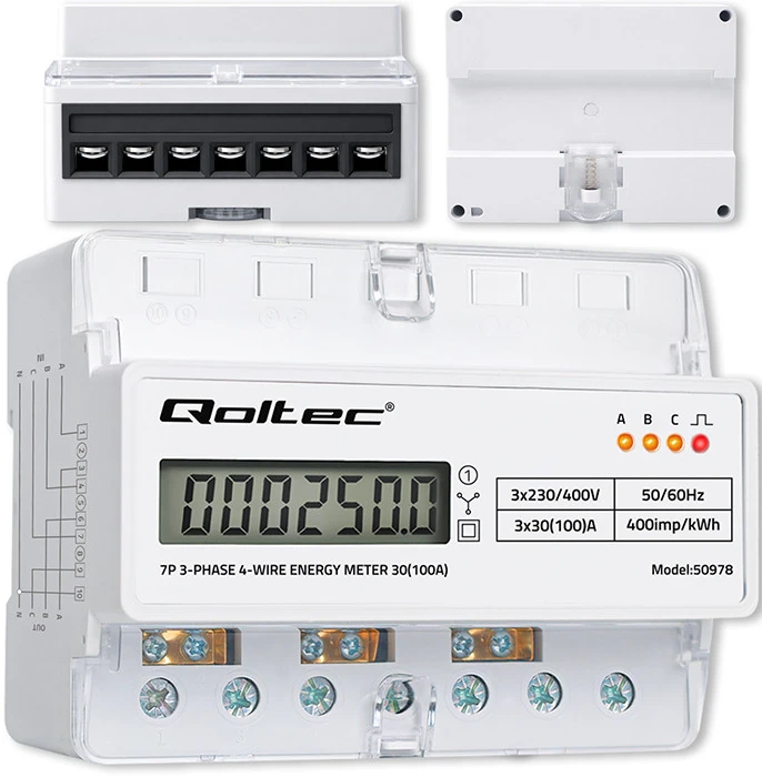 Qoltec Trijų fazių elektros skaitiklis 400V 100A LCD LED 7P