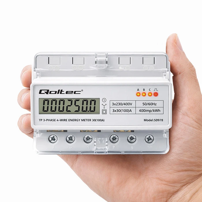 Qoltec Trijų fazių elektros skaitiklis 400V 100A LCD LED 7P