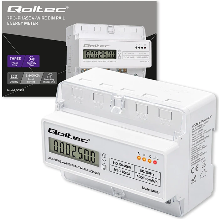 Qoltec Trijų fazių elektros skaitiklis 400V 100A LCD LED 7P