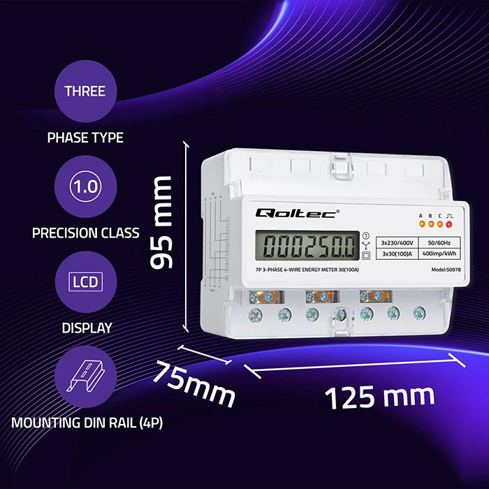 Qoltec Trijų fazių elektros skaitiklis 400V 100A LCD LED 7P