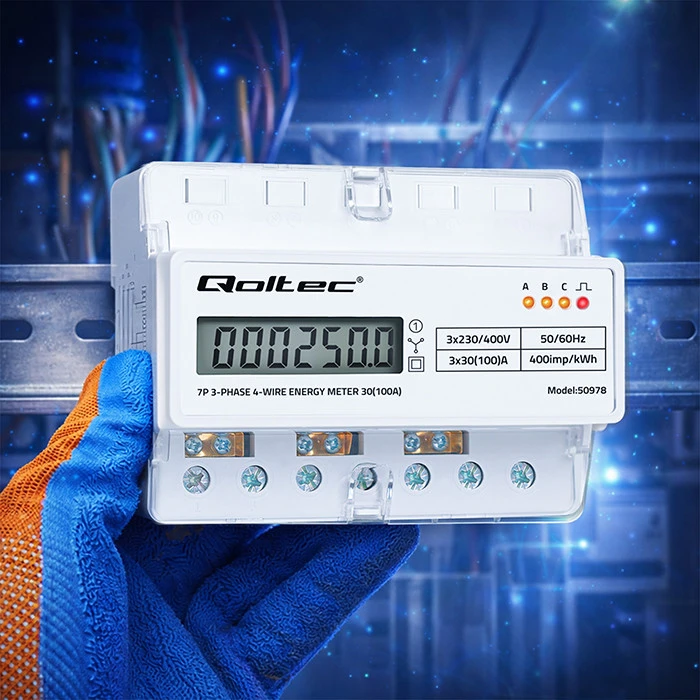 Qoltec Trijų fazių elektros skaitiklis 400V 100A LCD LED 7P