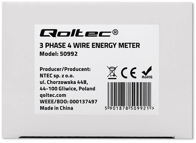 „Qoltec“ trifazis elektroninis skaitiklis | DIN bėgelio energijos suvartojimo skaitiklis | 400 V | 100A | LCD | 4P