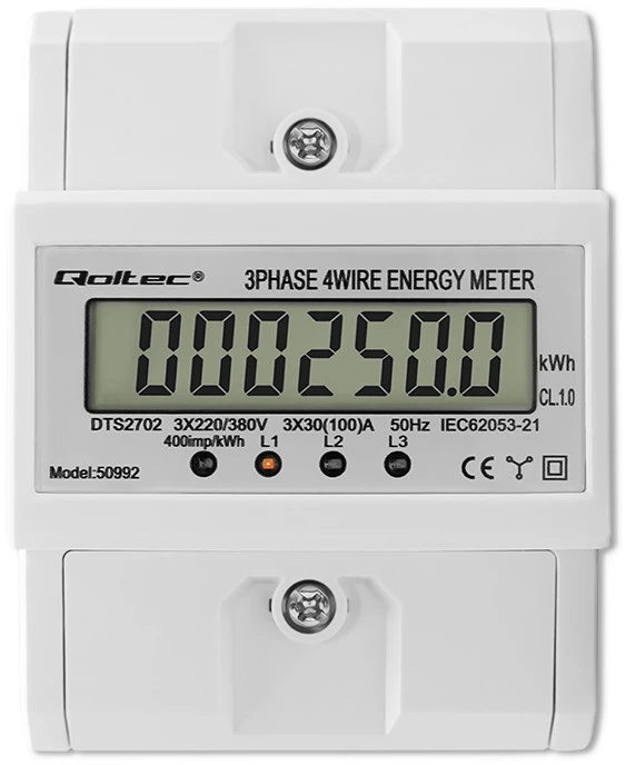 „Qoltec“ trifazis elektroninis skaitiklis | DIN bėgelio energijos suvartojimo skaitiklis | 400 V | 100A | LCD | 4P