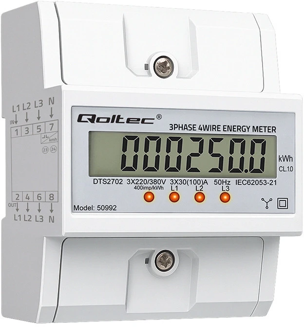 „Qoltec“ trifazis elektroninis skaitiklis | DIN bėgelio energijos suvartojimo skaitiklis | 400 V | 100A | LCD | 4P