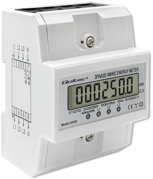 „Qoltec“ trifazis elektroninis skaitiklis | DIN bėgelio energijos suvartojimo skaitiklis | 400 V | 100A | LCD | 4P