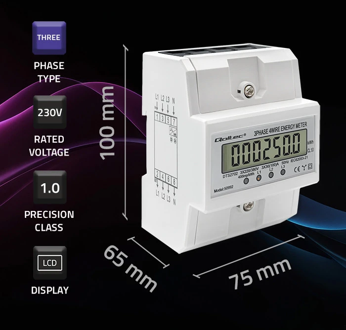 „Qoltec“ trifazis elektroninis skaitiklis | DIN bėgelio energijos suvartojimo skaitiklis | 400 V | 100A | LCD | 4P