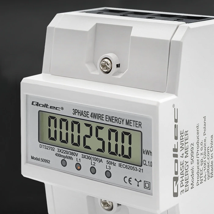 „Qoltec“ trifazis elektroninis skaitiklis | DIN bėgelio energijos suvartojimo skaitiklis | 400 V | 100A | LCD | 4P