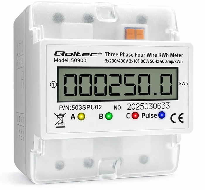 QOLTEC 50900 trifazis elektroninis energijos suvartojimo matuoklis 230V LCD 4P DIN bėgis