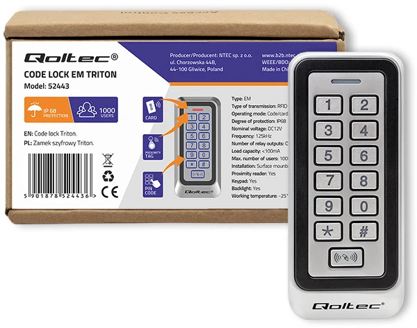 QOLTEC 52443 Kodinė spyna TRITON su RFID su RFID skaitytuvu Kodų kortelės rakto pultelis IP68 EM