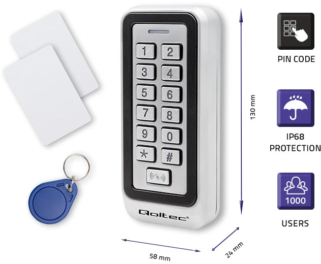 QOLTEC 52443 Kodinė spyna TRITON su RFID su RFID skaitytuvu Kodų kortelės rakto pultelis IP68 EM